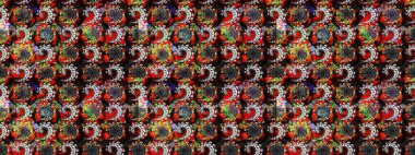 Çok renkli ve kırmızı zarif küçük çiçekler ve siyah ve kırmızı renkli komik böcekler, raster desen, illüstrasyon.