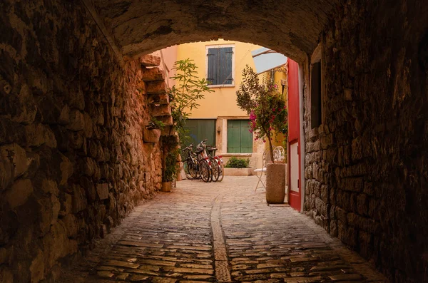 クロアチアで美しく 非常に典型的なイタリアスタイルの通り 何年も前の石畳の道を歩く喜びだ — ストック写真