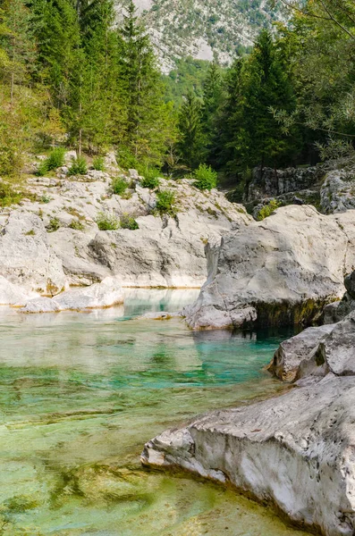 美丽的绿松石Soca河谷在一个森林与山脉在斯洛文尼亚 完美的夏日划艇或跳崖的水理想 — 图库照片