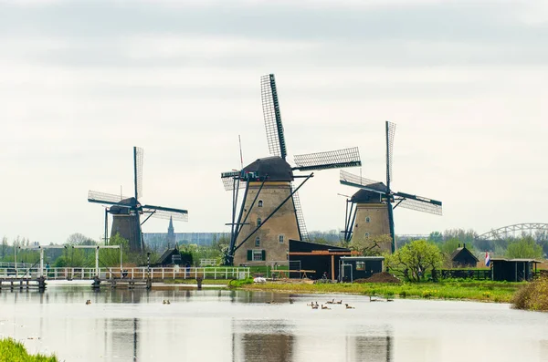 一排排典型的风车排在荷兰的河岸上 荷兰古典文学 — 图库照片