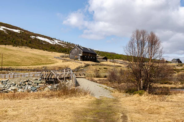 荒野の真ん中にある納屋で そこに至る道があります 西洋映画のようなシーン 野生の西だ ノルウェーの木造小屋 — ストック写真