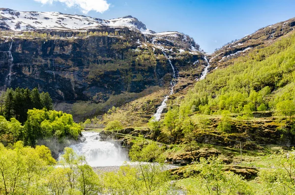 ノルウェーの山々の美しい自然の長い壮大な滝 美しい野生動物や自然と森を形成する木で覆われて — ストック写真