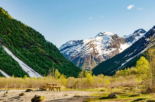 Montagne Norvegesi Con Vista Ghiacciaio Dal Terreno Erboso Con Una — Foto Stock