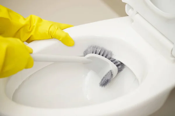 家庭主妇们用刷子来清洁浴室以去除污垢和照看卫生用品 — 图库照片