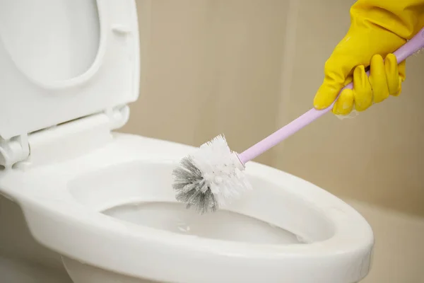 Háziasszonyok Ecsettel Takarítják Fürdőszobát Gondoskodnak Higiéniai Dolgokról — Stock Fotó