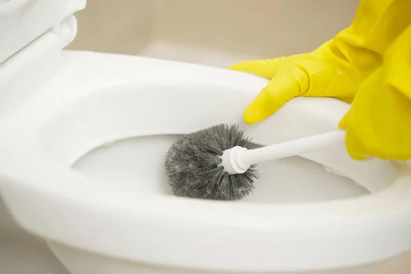 家庭主妇用刷子清洁浴室和清洁卫生用品 — 图库照片