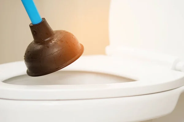 Serviceman Repairing Toilet Hand Plunger Clogged Toilet — Stock Photo, Image