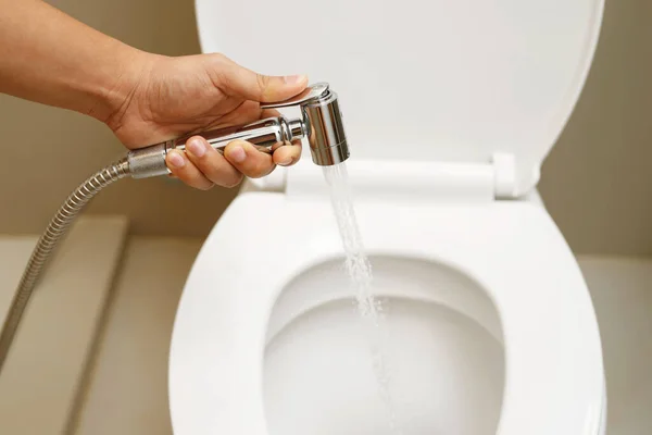 Reinigungspersonal Untersucht Toilettensprayer — Stockfoto