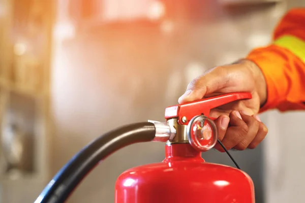 Hand Presses Trigger Fire Extinguisher Available Fire Emergencies Conflagration Damage — Stock Photo, Image