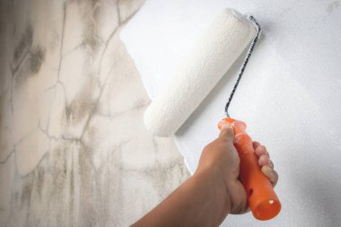 Painter is painting the interior wall white.	