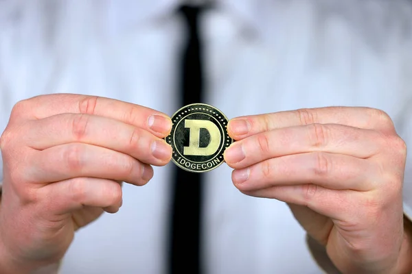 Businessman White Shirt Black Tie Holds Physical Version Dogecoin His — Stock Photo, Image
