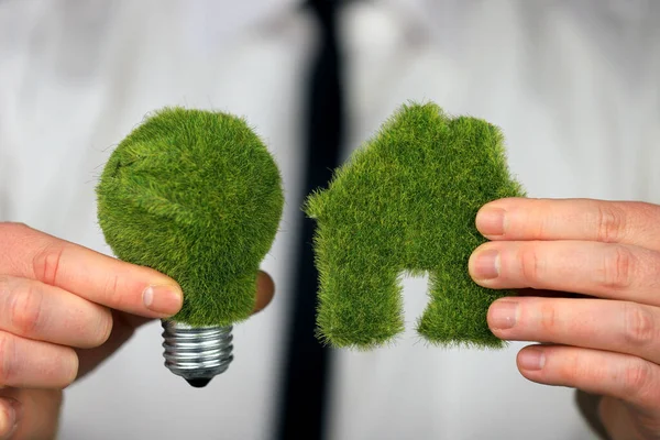 Biznesmen Trzyma Zieloną Eko Żarówkę Trawą Miniaturowym Domem Koncepcja Energii — Zdjęcie stockowe