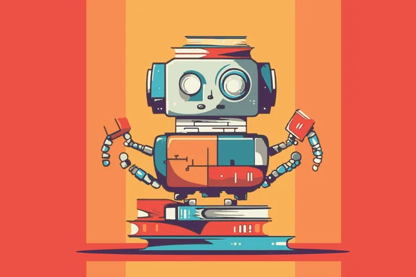 Hand Painted Robot Books Cartoon Style Artificial Intelligence Concept Vector — Stock Vector
