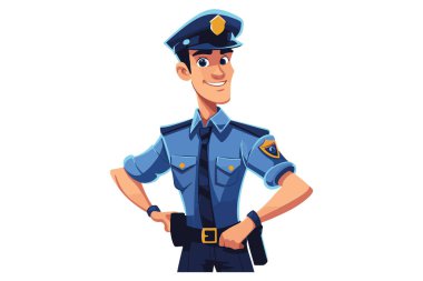 Çizgi film tarzında elle boyanmış bir polis. Polis üniformalı genç adam. Vektör biçimi.