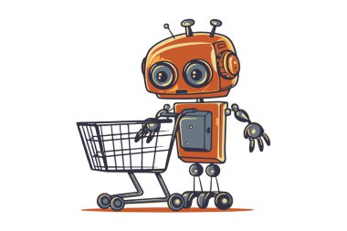 Çizgi film tarzında alışveriş arabası olan el yapımı bir robot. Alışveriş ve e-ticaret konusunda yapay zeka, konsept logo. Vektör biçimi.