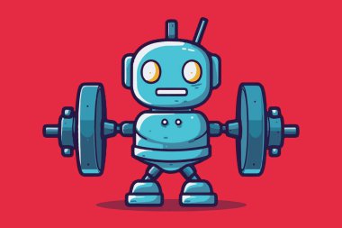 Spor salonunda ağırlıkları olan el boyalı robot, çizgi film stili. Yapay zeka fitness ve güç sporları, konsept logo. Vektör biçimi.