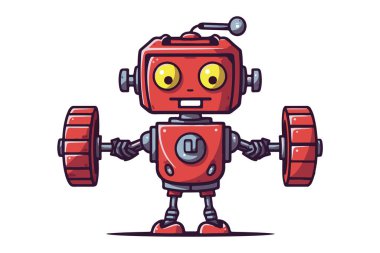 Spor salonunda ağırlıkları olan el boyalı robot, çizgi film stili. Yapay zeka fitness ve güç sporları, konsept logo. Vektör biçimi.