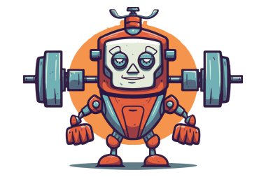Spor salonunda ağırlıkları olan el boyalı robot, çizgi film stili. Yapay zeka fitness ve güç sporları, konsept logo. Vektör biçimi.