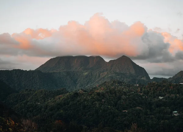 stock image Pitons on Santa Lucia, La Souffriere bay during sunset with blue sky and cotton candy clouds. Caribbean Island. Vieux Fort, Saint Lucia. Travel and honeymoon concept. Photo taken in St. Lucia.