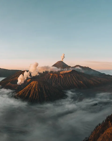 Frumos Răsărit Soare Muntele Bromo Erupția Muntelui Semerio Drona Aeriană — Fotografie, imagine de stoc