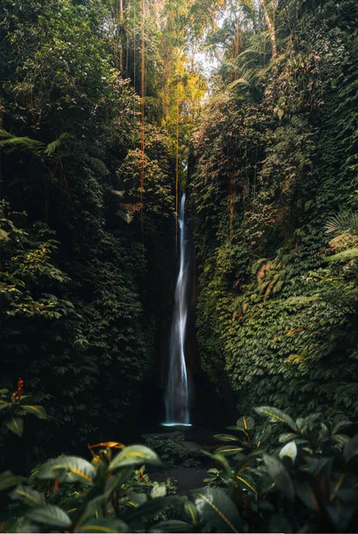 Cachoeira Leke Leke Selva Tropical Mulher Sozinha Biquíni Bali Indonésia — Fotografia de Stock