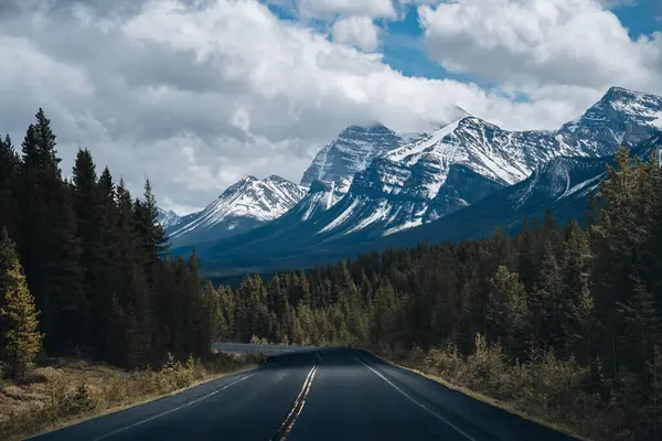 stock image Icefields Parkway at Bow Lake - A Spring evening view of Icefields Parkway extending towards Bow Lake, with BowCrow Peak, Crowfoot Glacier and Crowfoot Mountain rising high behind, Banff National Park