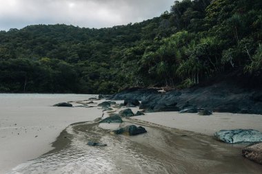 Daintree Cape sıkıntı - Queensland Avustralya kıyılarında güneşli kumsalda görünümünü.