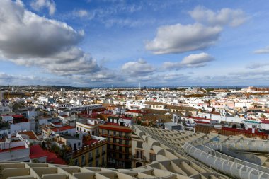 Seville, Spain - Dec 8, 2021: Metropol Parasol wooden structure located in the old quarter of Seville, Spain.