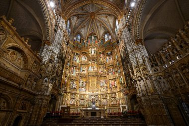 Toledo, Spain - Dec 10, 2021: Interior of the Santa Iglesia Catedral Primada de Toledo Roman Catholic church and The Primate Cathedral of Saint Mary in Spain.