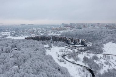 Aerial view of the Kurkino Nature Park and the Skhodnya River at in Moscow, Russia.