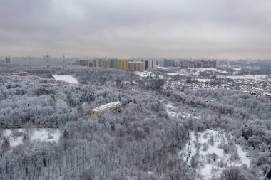 Aerial view of the Kurkino Nature Park and the Skhodnya River at in Moscow, Russia.