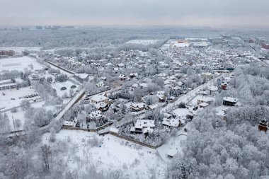 Aerial view of the Kurkino Nature Park and the Skhodnya River at in Moscow, Russia.