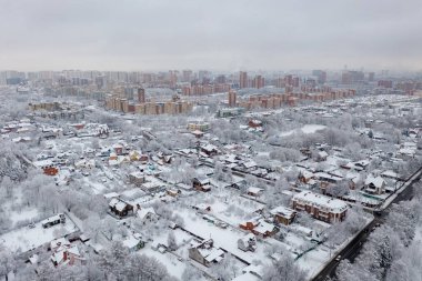 Aerial view of the Kurkino Nature Park and the Skhodnya River at in Moscow, Russia.
