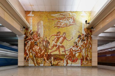 Saint Petersburg, Rusya - 24 Aralık 2021: Saint Petersburg, Rusya, Avrupa 'daki Sportivnaya Metro İstasyonu' nun güzel iç kesimi