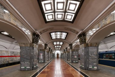 Saint Petersburg, Rusya - 24 Aralık 2021: Kirovskiy Zavod metro istasyonu.