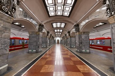 Saint Petersburg, Rusya - 24 Aralık 2021: Kirovskiy Zavod metro istasyonu.