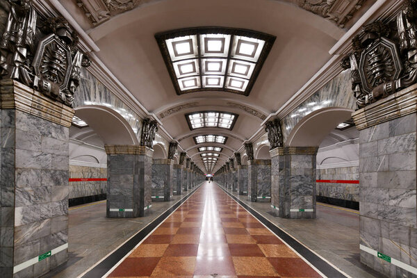 Saint Petersburg, Russia - Dec 24, 2021: Interior of the  Kirovskiy Zavod metro station.