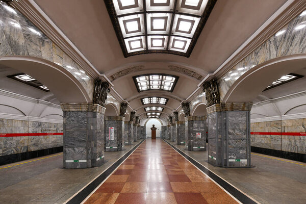 Saint Petersburg, Russia - Dec 24, 2021: Interior of the  Kirovskiy Zavod metro station.