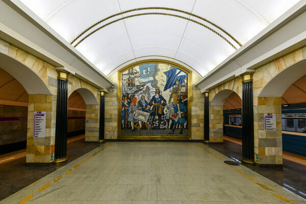 St. Petersburg Russia - Dec 24, 2021: Interior of the lobby of the Admiralteyskaya station. This station is one of the deepest in the world.