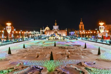 Moskova, Rusya - 16 Ocak 2022: Moskova 'daki VDNKH parkında buz pateni pisti. Avrupa 'daki en büyük buz pateni pisti..