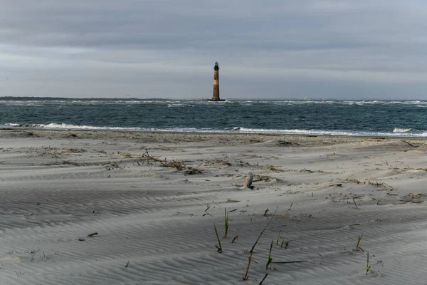 Areia Gramíneas Marinhas Folly Beach Perto Morris Island Lighthouse Charleston — Fotografia de Stock