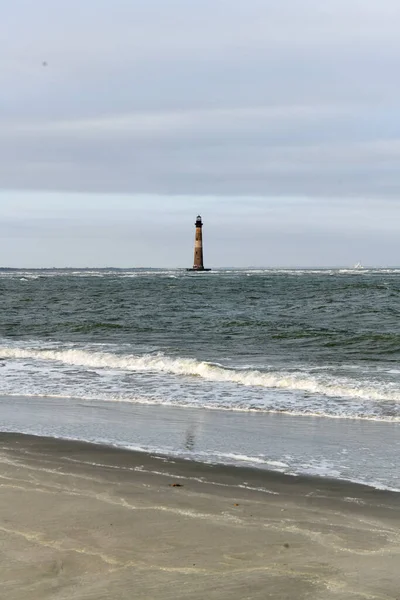 Sand Sea Grasses Folly Beach Morris Island Lighthouse Charleston South — Stock Photo, Image
