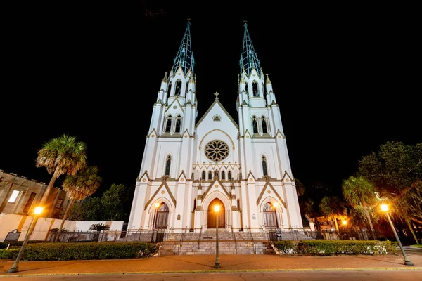 Uitzicht Kathedraal Basiliek Van Johannes Doper Savannah Georgia Nachts — Stockfoto