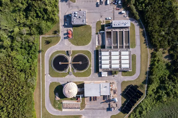 stock image Aerial view of wastewater treatment plant, filtration of dirty or sewage water.