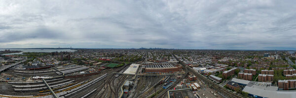 Aerial view of the Coney Island train yard and subway cars in Brooklyn, New York.