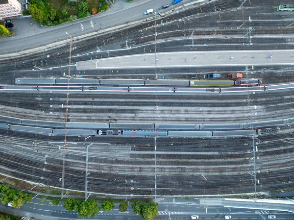 Aerial view of the tracks leading into the Bern Train Station in Switzerland.