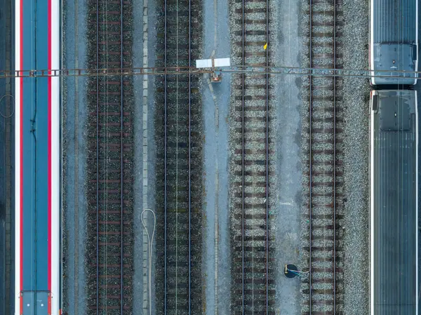 Aerial view of the tracks leading into the Bern Train Station in Switzerland.