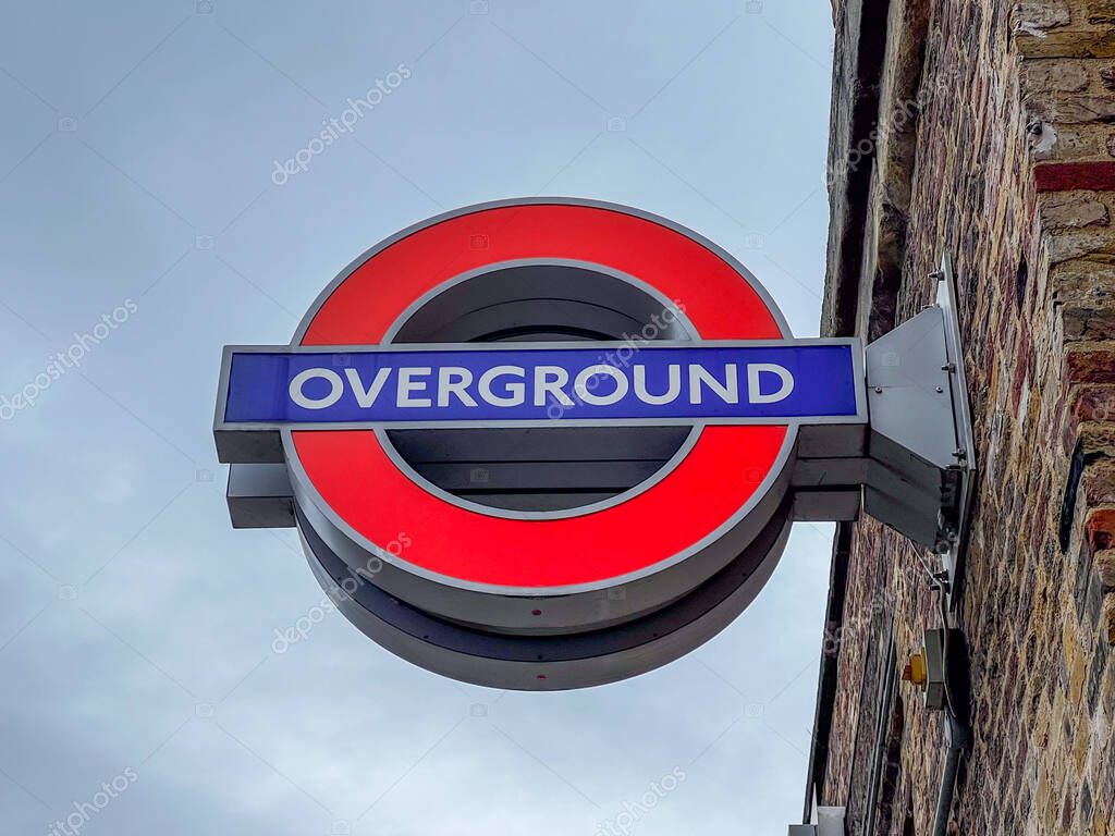 London, UK - Aug 30, 2022: Overground sign for London Transit at Hoxton, UK.