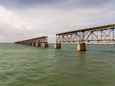 Güneşli bir günde Bahia Honda Demiryolu Köprüsü 'nün havadan görünüşü. Bahia Honda Demiryolu Köprüsü, Florida Keys 'te Bahia Honda Key' i İspanyol Limanı Anahtarı 'na bağlayan terk edilmiş bir demiryolu köprüsü.