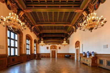 Kopenhag, Danimarka - 17 Haziran 2023: Kopenhag Belediye Binası İçişleri. Danimarka 'daki Tarihi Belediye Binası. Kopenhag 'ın merkezindeki Meydan' da bulunan Kobenhavns binası..